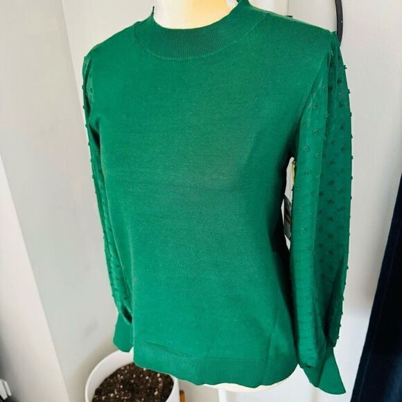CeCe Clip Dot Sleeve Sweater, Holiday Christmas Party Top, Green, Size Small NWT - Picture 1 of 10